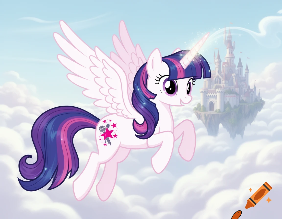 A cute Alicorn pony named Misty Rose in the style of My Little Pony: Friendship is Magic. White coat with very soft pale pink tones, long flowing mane and tail in purple and blue like Fluttershy's. Shiny glossy horn, large elegant wings like Twilight Sparkle's. Friendly, sweet expression. Cutie mark: two fuchsia stars with a microphone in the center, surrounded by small pink stars. Bright pastel 2D cartoon style, magical and cheerful atmosphere. In the background a castle in clouds, she fly.
