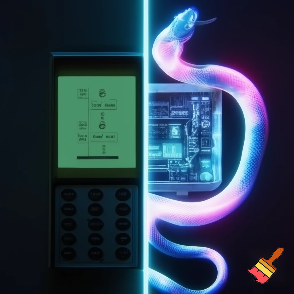 split-scene composition showing a transition from an old pixel-art Snake game on a vintage phone to a futuristic glowing AI snake wrapping around a real display board, cyberpunk style, vaporwave neon glow, nostalgic yet futuristic tone, 1:1, no text