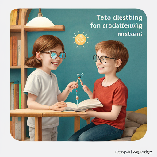 Warm, magical children’s book cover illustration.
Alek: younger boy, wearing round glasses, curious eyes, gentle smile, short hair.
Olga: girl about three years older than Alek, calm and caring expression, slightly taller, sitting close to him like an older sister, protective and confident.
They are surrounded by friendly science elements: glowing planets, floating magnets, light bulbs, Sun, Saturn, gears, test tubes with colorful liquids, stars, clouds, microscope and simple physics symbols.
Alek holds a magnifying glass, Olga holds a notebook, smiling and excited, standing together in a magical science world.
Style: painterly, high-quality children’s illustration, soft brush strokes, cinematic lighting, shallow depth of field, whimsical and heart-warming.
Colors: warm, natural palette — soft greens, blues, golden light, gentle pastels.
Mood: inspiring, safe, joyful, intelligent curiosity, love for learning.
Composition: front-facing, perfect for a book cover, centered characters, readable title area above, clean background with cozy details (toys, pillows, wooden shelves).
Ultra-detailed, 4k, storybook realism, no text distortion, no watermark, no logo.

