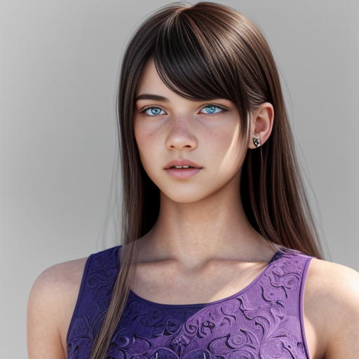 A 17 year old girl with medium length black straight hair, blue eyes, lots of freckles, wearing a magenta purpleish semi formal dress