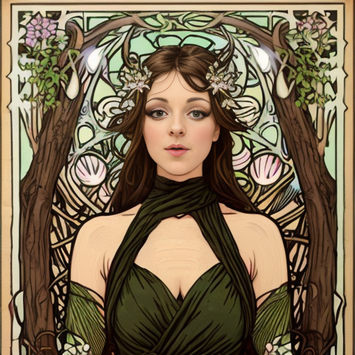 40 year old attractive olive skinned woman with the legs of a deer with hooves instead of human legs, yellow eye color with horizontal rectangular pupils,black mascara, green slightly sheer dress, forest setting mucha art style