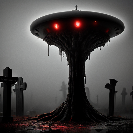 A photorealistic, hyper-detailed dark fantasy horror scene. A colossal, floating bio-mechanical ufo hovers menacingly over a foggy, desolate graveyard. The creature is a grotesque fusion of rotting, dripping flesh, exposed muscle, and dark metallic machinery, featuring a massive gaping maw with jagged teeth and numerous intensely glowing red optical sensors dotting its body. Viscous gore drips from its underbelly. In the foreground, heavily mutilated humanoid corpses covered in wet blood and raw flesh are rising from muddy, open graves among weathered stone crosses. The atmosphere is grim, cinematic, and terrifying, with thick atmospheric fog, a dark overcast sky, and stark contrast between the desaturated greys of the cemetery and the vivid, glowing crimson reds. Shot on 35mm lens, 8k resolution, highly realistic texturing.
