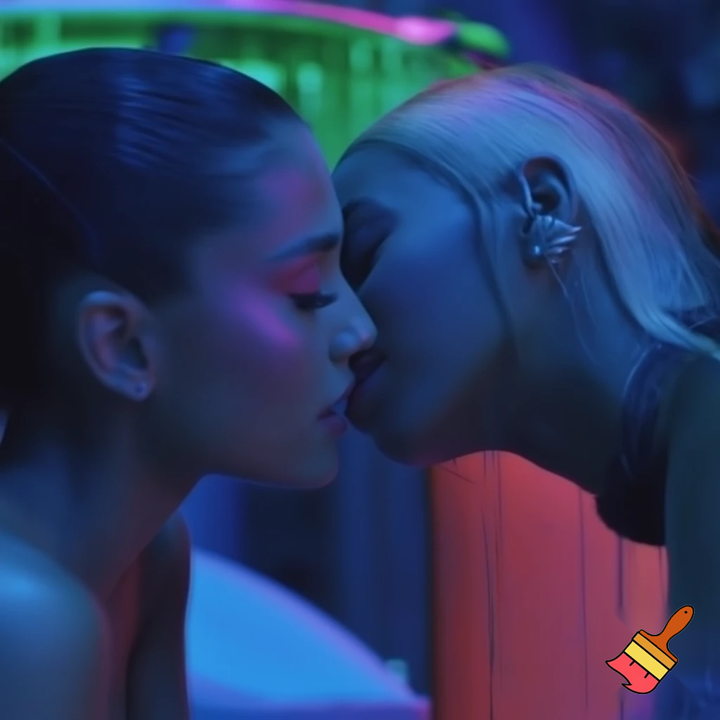 ariana grande and beyonce kissing in sweaty neon environnement hot +18