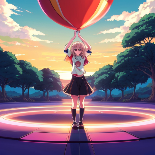 Portrait A sunset with a Jewish star in the middle glowing, a cat with tree legs and no tail sits on it. While a girl stands in the middle holding a balloon