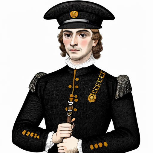 Illustration of a constable (alguacil) from 17th century Spain.
Authority figure, simple uniform, serious expression.
Holding a staff or symbol of justice.
Classic old illustration style.
White background for infographic.

