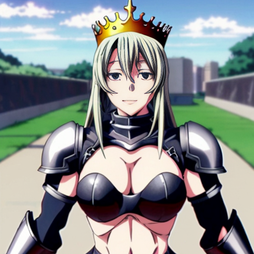 ((anime style, print screen of an anime scene)) cute anime girl, huge muscles, she is a knight, she wears metal gauntlets, metal greaves and shoulder pads, she has a breastplate, her defined abs are exposed as well her upper arms, she has a tiara that has crown features
