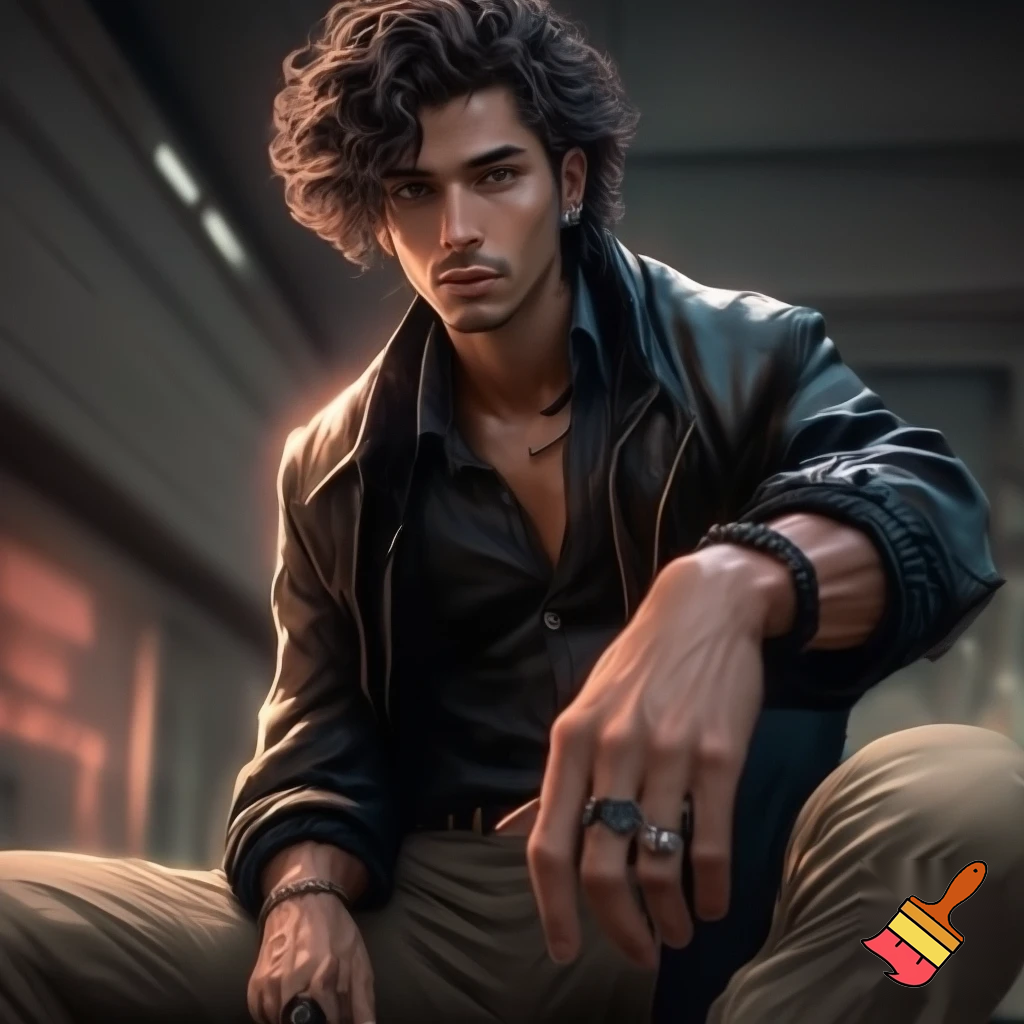 Generate an image of a tall, scrawny man with radiant, polished wood-toned skin. He has curly black coffee hair, styled slightly messy, and sharp, masculine features. His expression is gentle and thoughtful, hinting at inner turmoil.

He wears a black leather windbreaker over a slightly unbuttoned black cotton dress shirt, tailored pleated chinos, and lace-up combat boots. Accessories include silver stud earrings, a silver ring with a red dragon's eye, a black ring with rose gold star shapes, an onyx and lava rock beaded necklace, and a studded bracelet. His shirt sleeves are rolled up, displaying vascular forearms. Set him against an urban backdrop.
