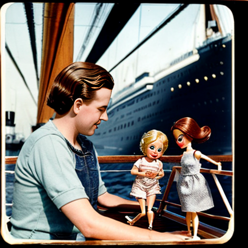 vintage barbie , her husband , children ,and baby on the deck of the titanic