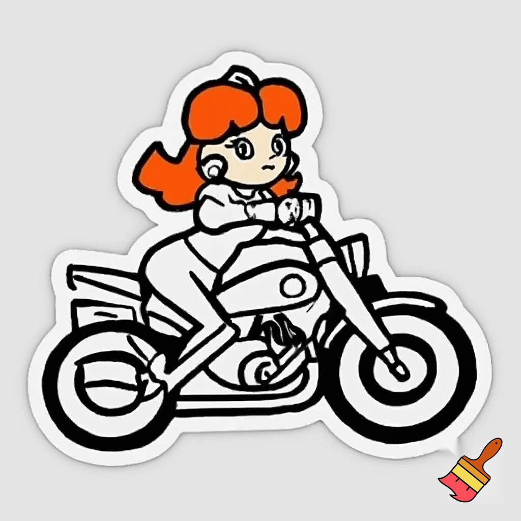 princess daisy riding a motorcycle wearing a racing jump suit in simple line art style with full color