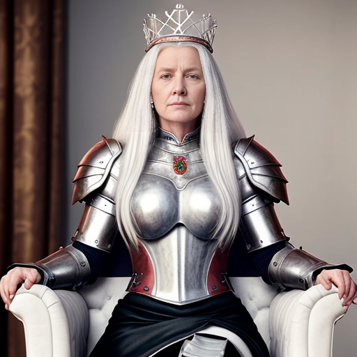 Tall, white-haired Queen of Poland in armor sitting on a throne