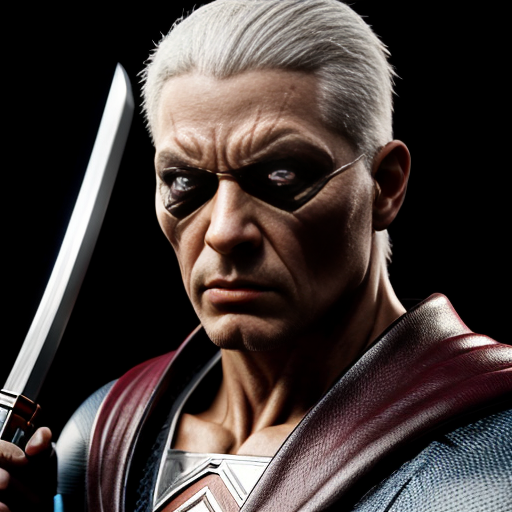 Superhero Timebreaker - bold man, with silver eyes, wearing grey makintosh, have a katana