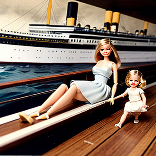 vintage barbie , her husband , children ,and baby on the deck of the titanic