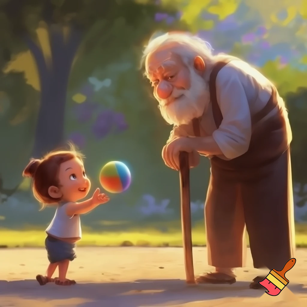 An old man is holding a stick, and a child wants to give him a ball.