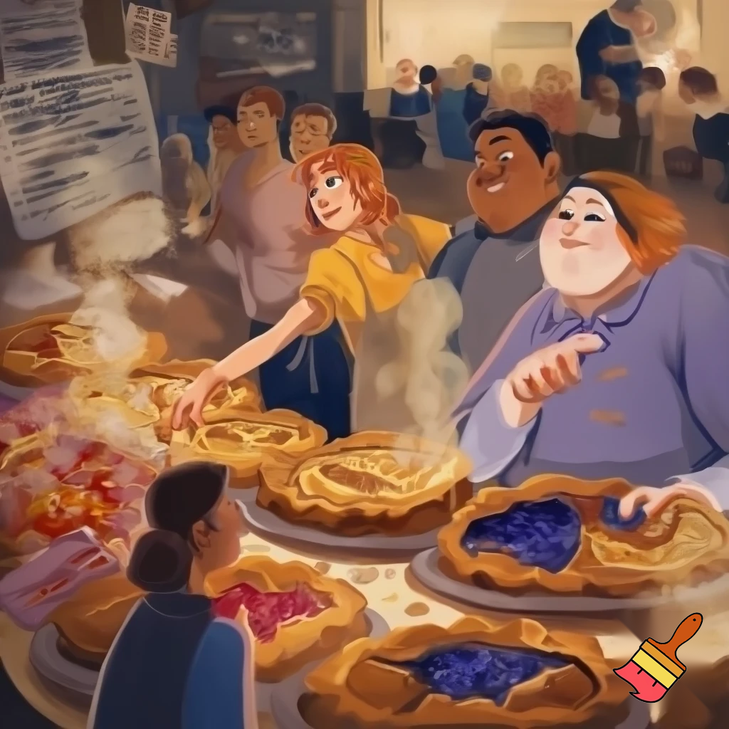 Understand what customers feel when they enter (hungry, rushed, excited).


Observe how they interact with the shop (waiting, choosing flavors, finding seats).


Listen to their comments about taste, service, prices, and menu options.


Identify emotional needs (comfort, freshness, speed, friendliness).


Recognize pain points (long waits, sold-out pies, limited options).



can you create an image based on above point into 
pie shop 