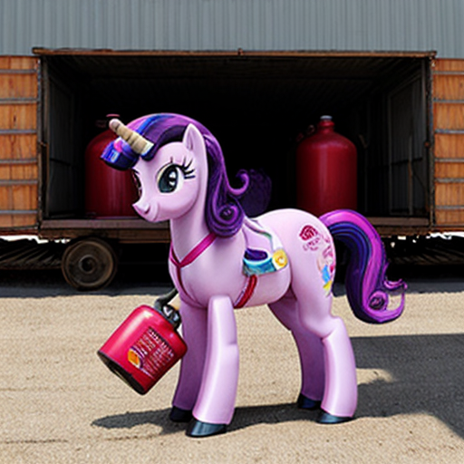 My Little Pony: Friendship is Magic: Pinkie Pie, who is tired, is pulling a horse drawn vehicle, hauling lots of fuel bottles from the Depot. She is at the Depot.