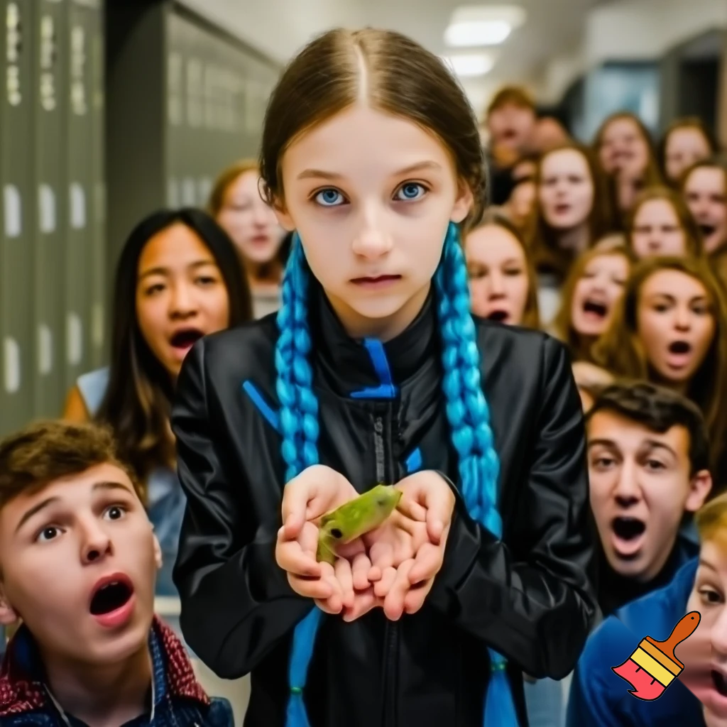 girl with blue braid and has a black jacket with blue eyes holding a frog all the people are looking at the frog scared at shcool the people opened there jaw
