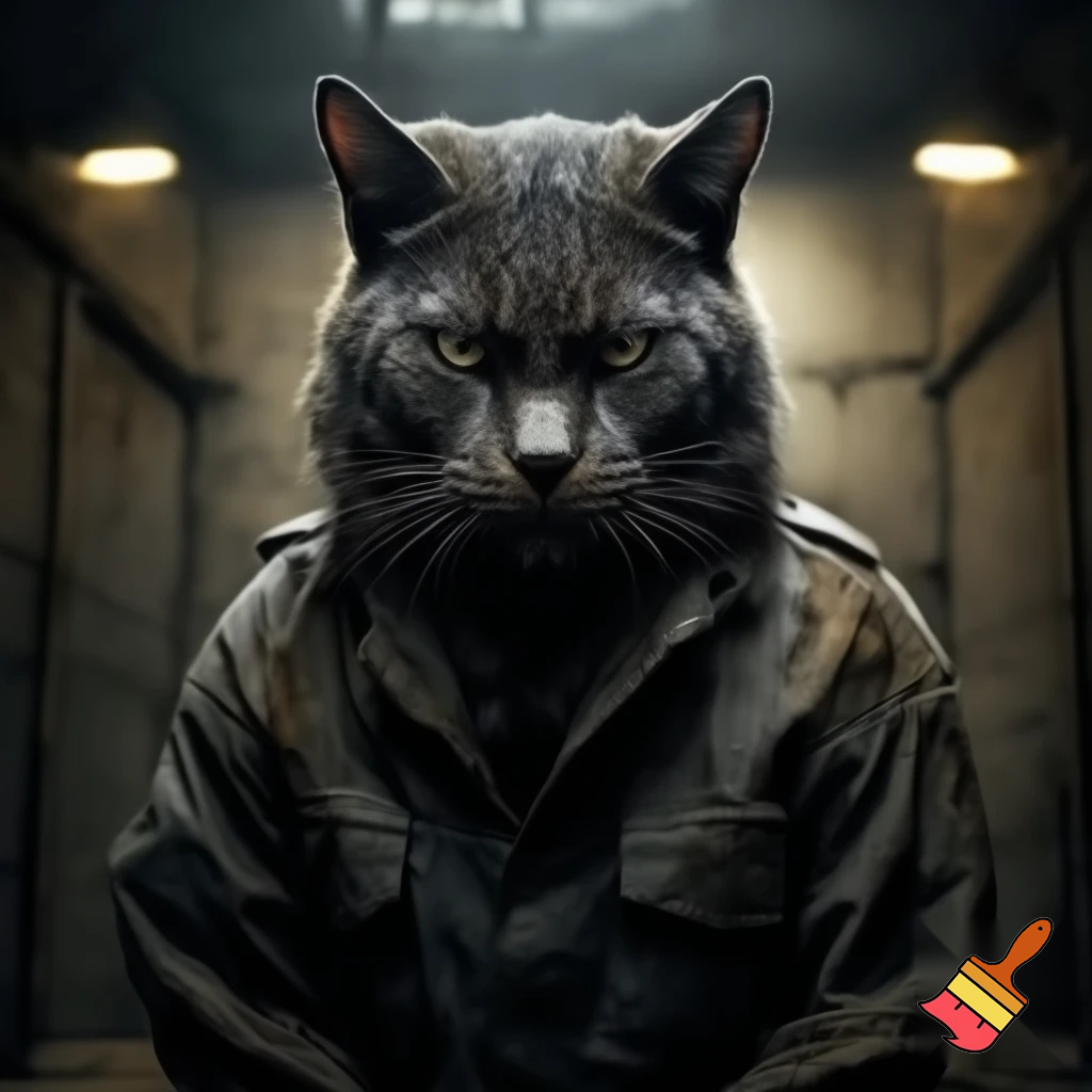 evil sinister scary strong cat in a police mugshot staring dim lights jail suit