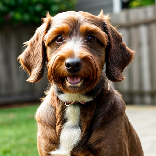 a brown dog with white underbelly and chin cockapoo
