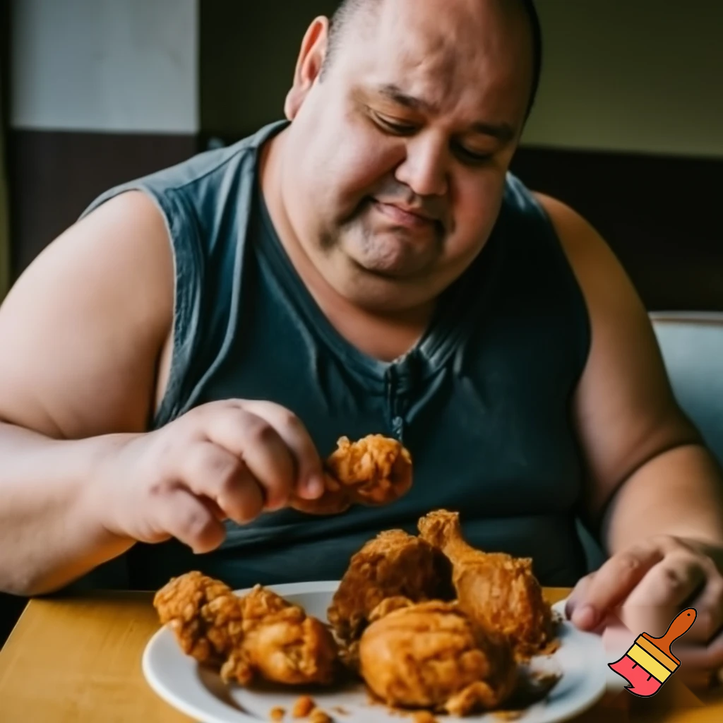 a fat guy eating fried chicken