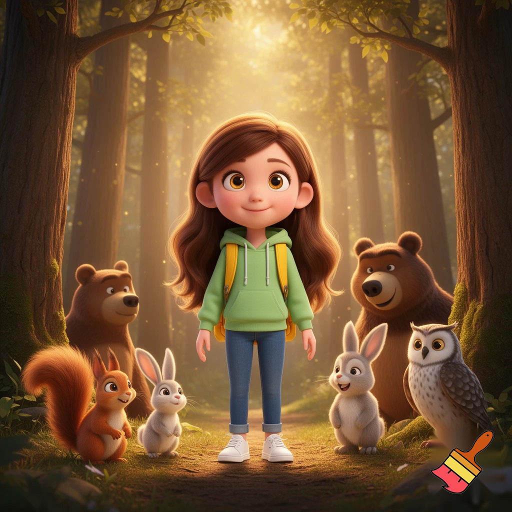 A sweet 7-year-old girl, fair skin, big expressive hazel eyes, long chestnut brown hair slightly wavy, small round nose, soft rosy cheeks, gentle smile. She wears a light green hoodie, blue jeans, white sneakers, and a small yellow backpack. Pixar-style 3D character, soft lighting, rounded shapes, child-friendly proportions, high-quality 3D illustration.
Standing at the entrance of a magical forest, tall trees, soft sunlight filtering through leaves, friendly forest animals around her (squirrel, rabbit, bear, owl), joyful and welcoming atmosphere, children’s book cover, square format, 1:1 aspect ratio, centered composition
