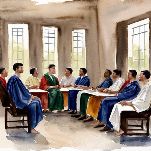 “large university campus full of students in ancient robes, discussion, learning, vibrant environment”