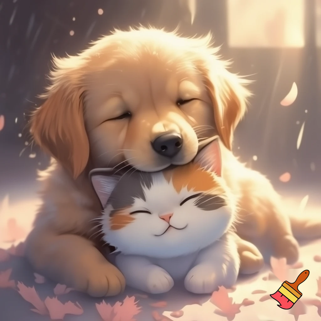 dog kissing cat anime style