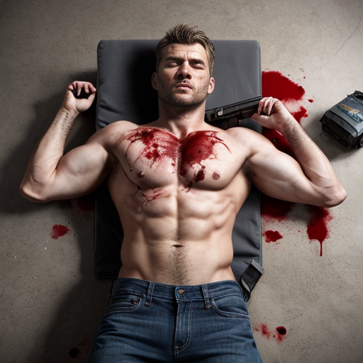 shirtless random man (neighbor, not everyone has 6 pack.), face are hiding by shirt, dead already (due shotgun), chest are open wounded circle, blood everywhere, gibs everywhere, ribs are broke in chest, eye closed, floor (on random place like empty place) on corpse body, lying down on floor.