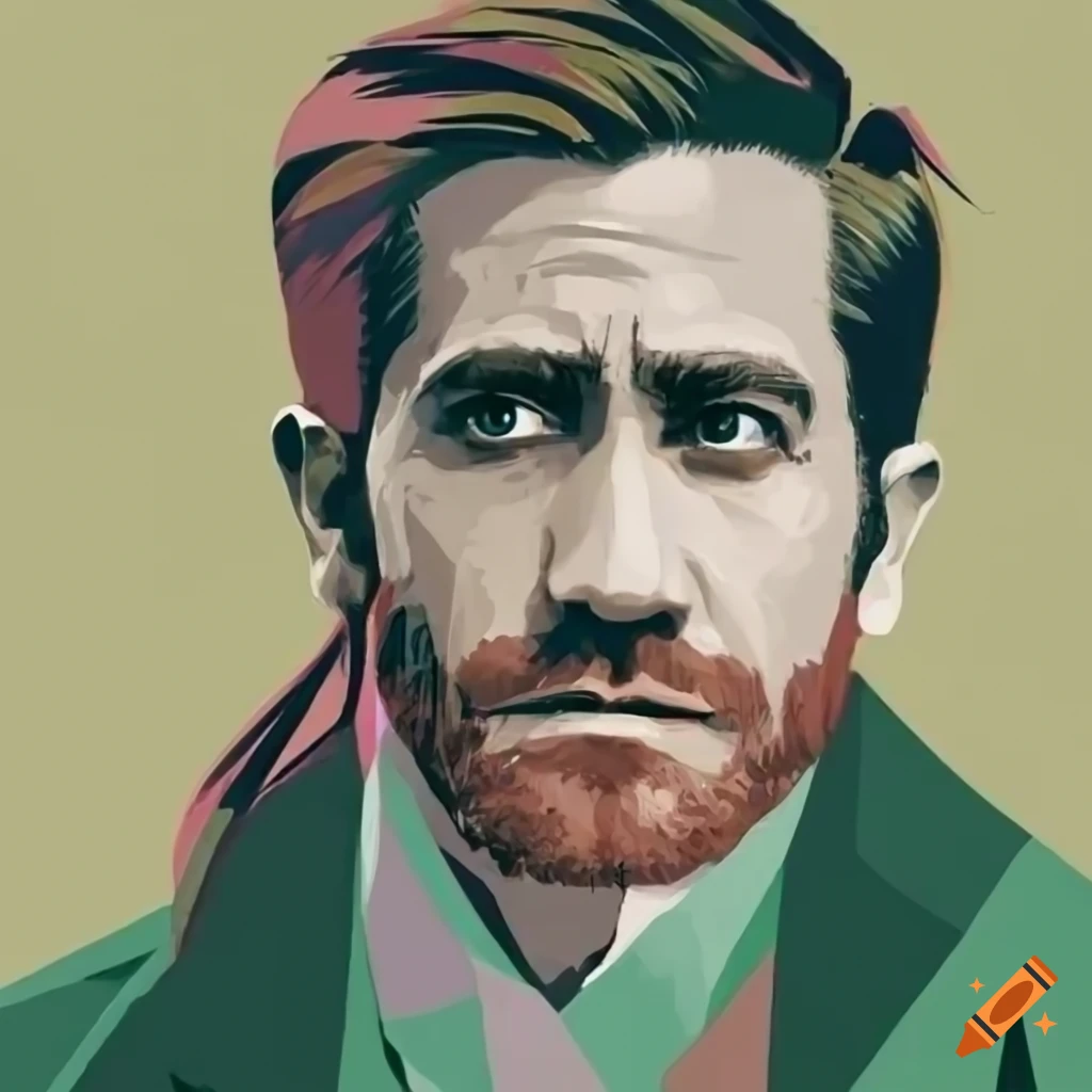 Jake Gyllenhaal in a modern simple illustration style using the Pantone Spring 2023 Fashion color palette