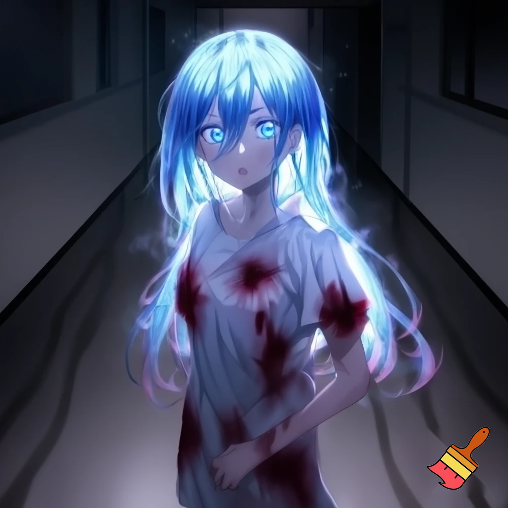 An anime girl with glowing blue hair and glowing blue eyes in a bloody hospital gown