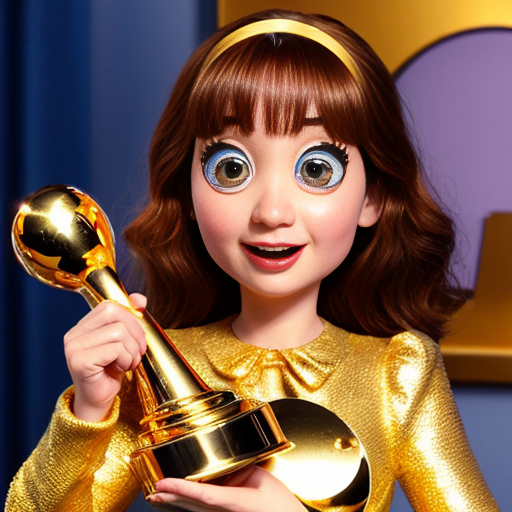 the emotion proud one person gold holding trophy Pixar cartoon style gold skin big eyes happy pretty  gold face