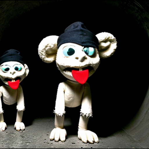 A 9:16 aspect ratio pic of 
Photorealistic found-footage flash photography of three uncanny puppets in a dark concrete tunnel. Left: furry grinning demon with horns. Center: pale, blank-faced puppet in an oversized white military cap. Right: tall, grinning white puppet with hollow black eyes and a propeller beanie. Analog horror, heavy VHS grain, harsh camera flash, eerie green-blue tint, macabre, liminal space.
