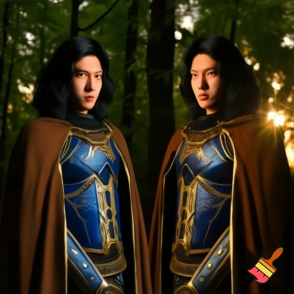 Create a photo-realistic exact replica of this reference image: https://www.slashfilm.com/img/gallery/how-ralph-bakshi-rescued-the-animated-lord-of-the-rings/our-hero-1644242156.webp. Identical composition, poses, facial expressions, clothing details (blue and gold armor with intricate engravings, brown cloak on the left figure), forest background with dappled sunlight through green leaves, warm golden-hour lighting, and moody atmosphere. Change only the hair color of the left character (blond, wavy-haired youth) from blond to jet-black, keeping length, style, and every other detail unchanged. 1280x720 resolution, 16:9 aspect ratio, high detail, no other alterations.