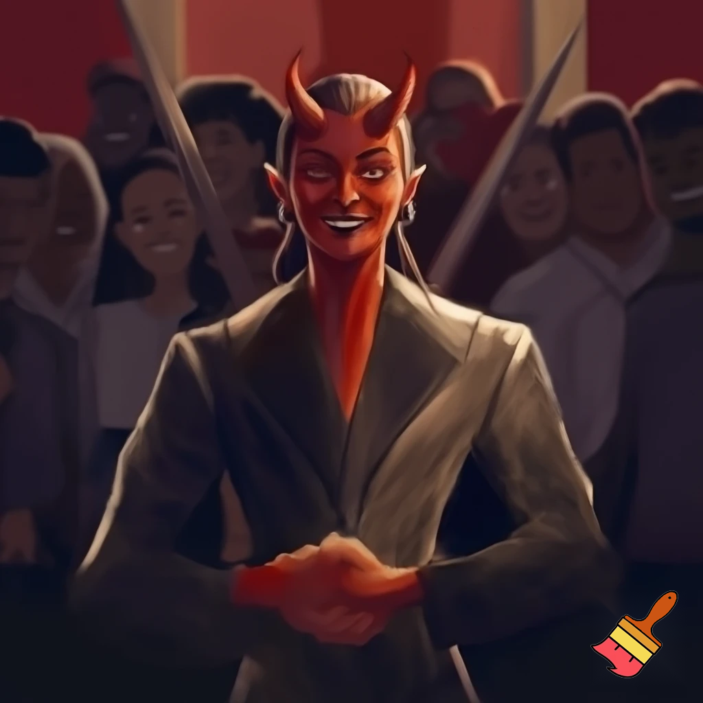 claudia sheinbaum holding hands with the devil and smiling, full body, and deep down people smiling with long weapons