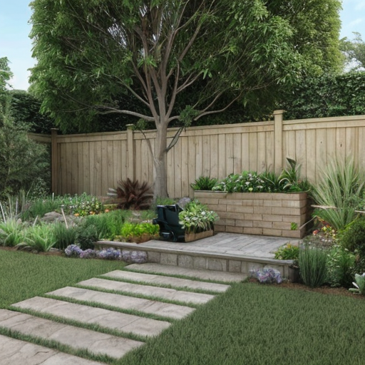 Realistic natural garden, excavator removed.
Green lawn in the center.
Low natural sandstone wall about 50 cm high along the top and right side.
Dense shrubs between wall and fence for privacy.
