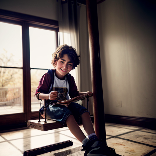A touching painting split into two parts. Bottom half: a tired but hopeful child laborer (age 10-12) sitting at a street corner with shoeshine box, wearing simple clothes, dark gray and brown colors. Top half: magical window opening above the child showing colorful dreams - child studying at school, child playing on a swing, child with loving family celebrating birthday, child becoming a doctor. Warm golden light beams from dreams onto the child's face. A small bird sitting nearby. Contrast between dark reality and bright dreams.