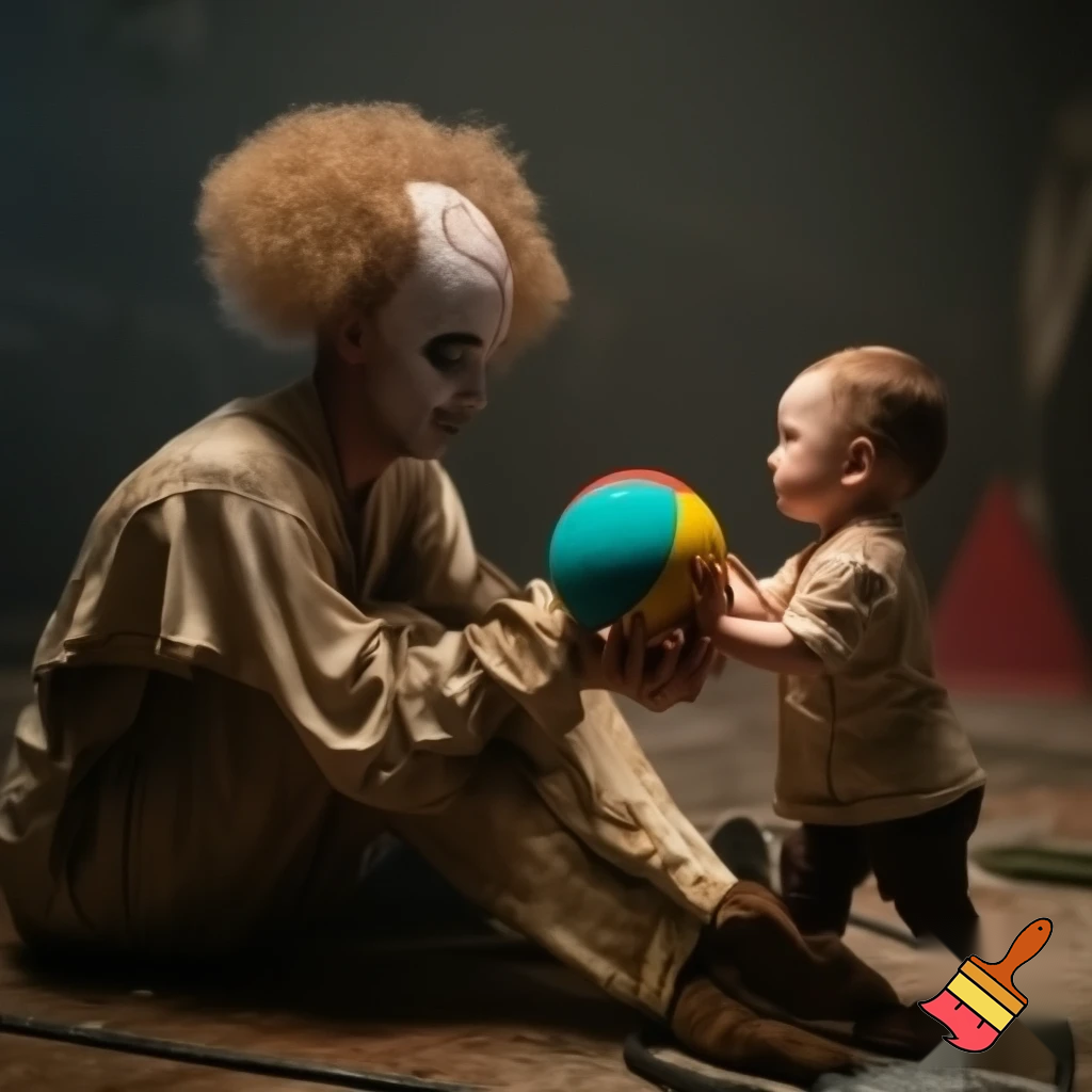  A child gives a sad circus clown a ball.