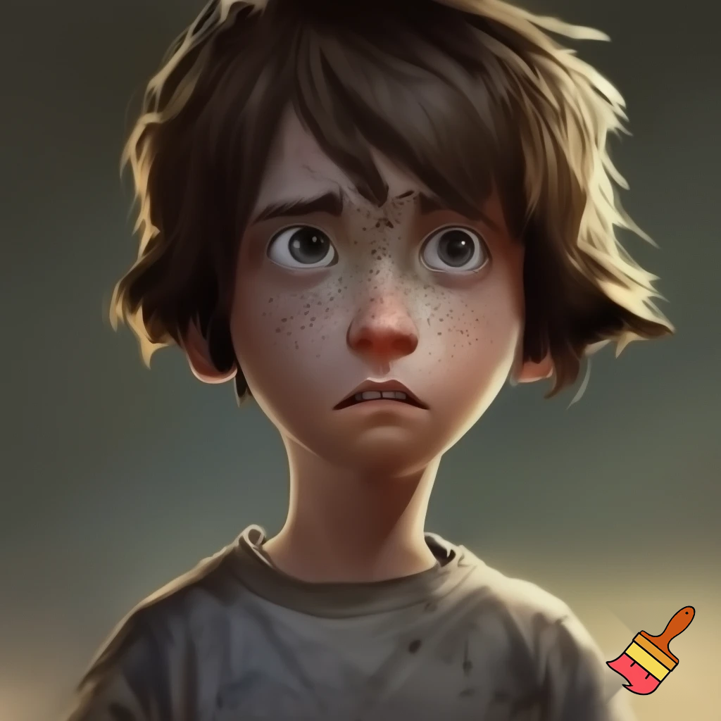 Boy about 11 years old with brown, patchy and sharp hair with dirty shirt