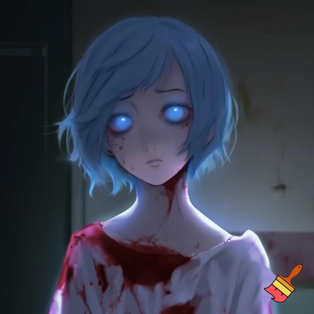 An innocent anime woman with short blue hair and glowing blue eyes wearing a bloody hospital gown