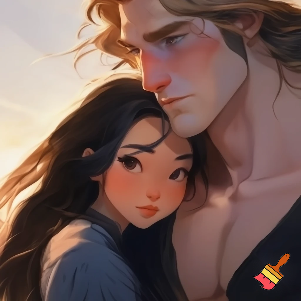 A happy couple, cute, small young woman of Asian descent, with pale skin, put emphasis her cuteness, beauty, femininity, neoteny and innocence , give her large cute neotenous eyes, give her black beautiful flowing hair, warmly hugged by a massive, handsome, heavily white, nordic, European built man with blond hair hair, who conveys intimidating strength but maintains a calm demeanor