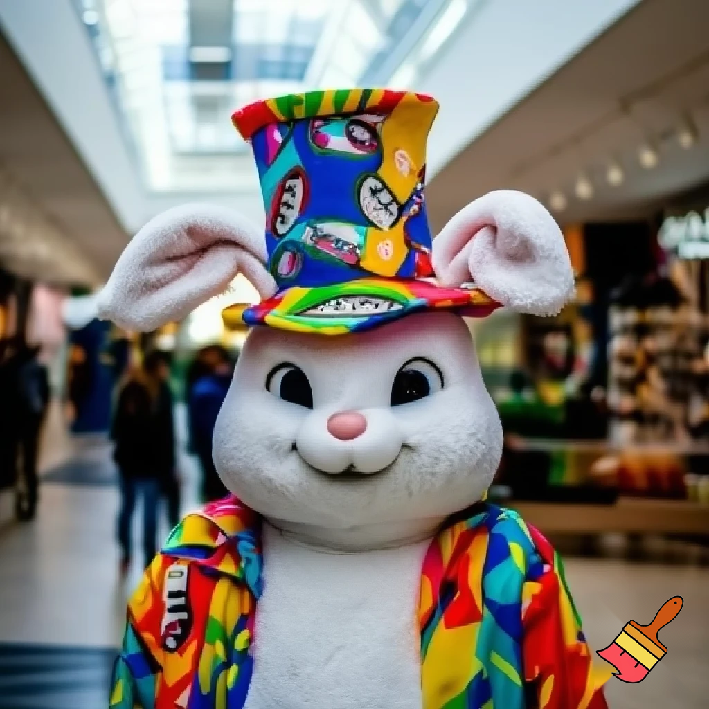 Easter bunny mascot costume top hat shopping Centre colourful jacket  colourful top hat