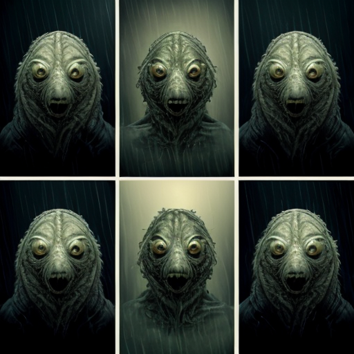 Irreal creaturas no es familia no en fractales. 4 paneles. 1, 2, 3, 4. 1: criatura emerge de ti. 2: criatura se alimenta. 3: Blade. 4: la creatura eres tu. Esto en un estilo barroco, ultralimilal, aceituna y papa. la lluvia cae y nunca cesara, no por que sea infinita, si no por que no va a empezar jamas