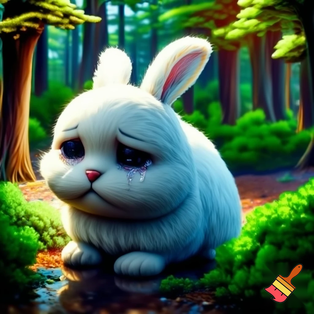 "Cartoon-style illustration of Minu the rabbit sitting alone on the forest ground, tears in eyes, looking sad and hopeless. Bright, colorful forest background with sunlight and bushes. Emotional, child-friendly. Character must match in all scenes."