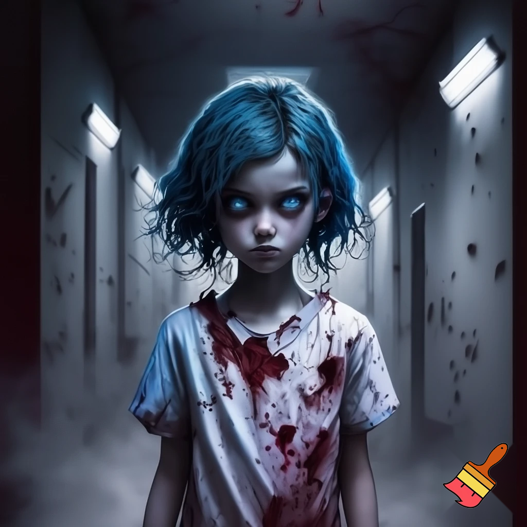 A girl with short blue hair and glowing blue eyes wearing a bloody hospital gown