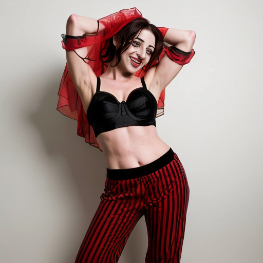 90's disney's 2d aladdin style comic black background and panels of 
panel 1 Harley Quinn with light black and red striped harem pants and bra and black and red curved slippers with both hand palms place together and hiding the bottom of her mouth with a light black and red striped veil wrapped around her arms and shoulders. 
panel 2 she danced with light black and red striped harem pants with light black and red striped bra and red and black curved slippers and with light black and red striped veil wrapped around her arms and shoulders and raising legs and bounced up and down her belly and shook her hips left and right. 
panel 3 as Harley Quinn with light black and red striped harem pants and bra and red and black curved slippers and with red and light black striped veil wrapped around her shoulders and arms and spreading her arms, happily revealing her face to the viewer and giving a smile as she shook her belly left and right. 
Panel 4 Harley Quinn with light black and red striped harem pants and bra and black and red curved slippers and with light black and red striped veil wrapped around her shoulders and arms has started to fading away , except her belly, which is bouncing around and growing. 
Panel 5 then the ball transforms into the fading in belly of Giant red haired giganta barefoot with dark yellow spotted yellow harem pants and bra and dark yellow spotted yellow veil wrapped around her arms and shoulders with her swaying her hips. 
Panel 6 red haired giganta barefoot with dark yellow spotted yellow harem pants and bra and dark yellow spotted yellow veil wrapped around her arms and shoulders then she is flexing her muscled arms