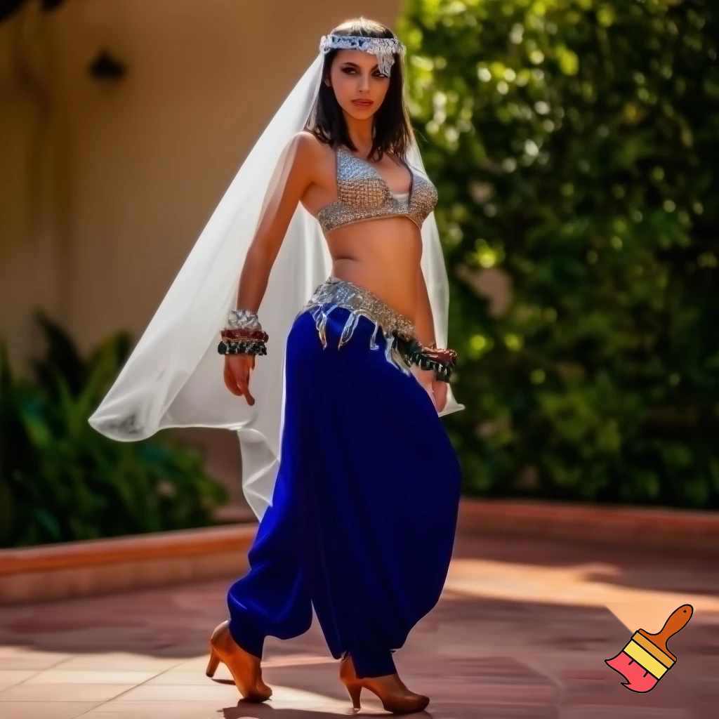 Attractive Moroccan woman wearing a headpiece with a small crescent moon charm, a veil, ornate cuffs, a bejeweled bra, a coin belt, harem pants and ballroom dance shoes in California 