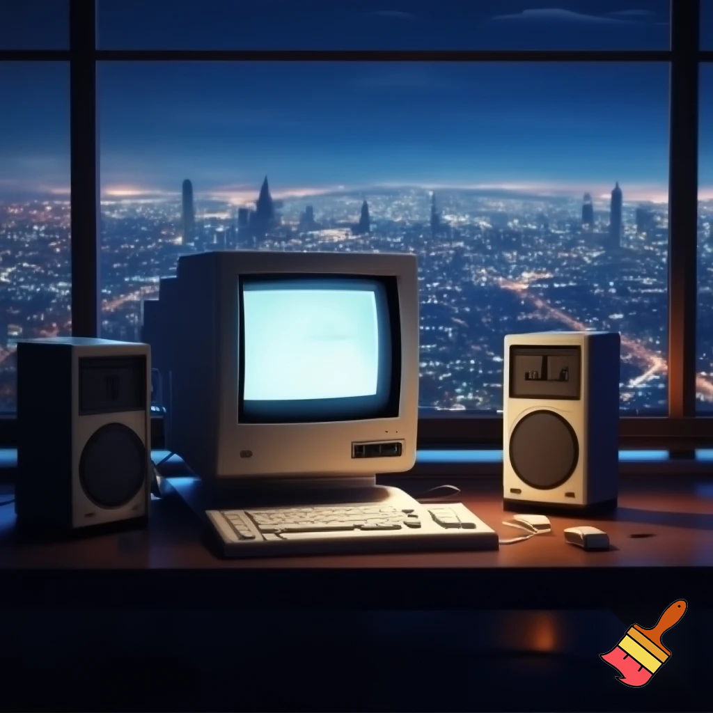 Computer with speakers in front a city view window