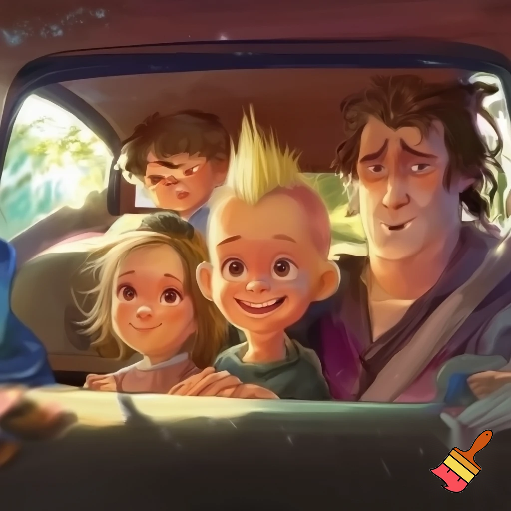 Family of four with a young girl with blonde about five years old, a boy about ten years old with a Mohawk, a mum with messy hair, and a dad whose always serious with patchy hair in a car


