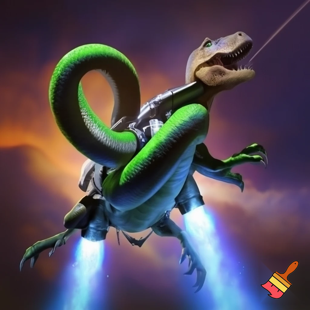 A snake with t-Rex arms and legs with a jetpack
