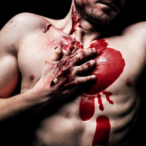 A corpse shirtless man, died, face are hiding by shirt with cut eye part (not eye human), eye closed, chest fully opened wounded circle on center, blood everywhere. Gibs and ribs (from chest bone) everywhere and broke, organs piece by piece.