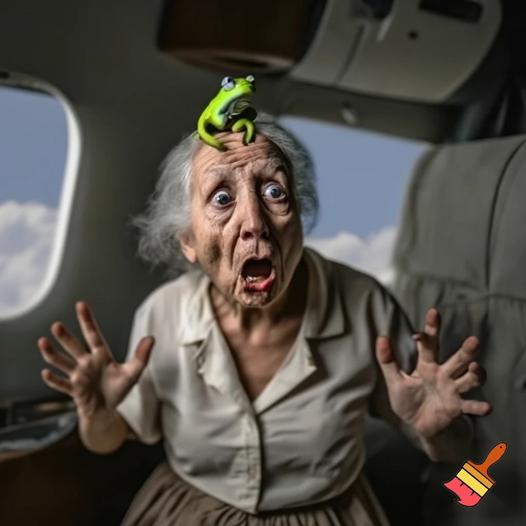 a inpoyle in  a plane is sacred of a frog on her head she scram